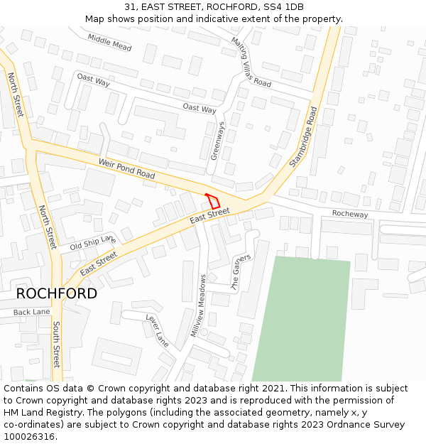 31, EAST STREET, ROCHFORD, SS4 1DB: Location map and indicative extent of plot