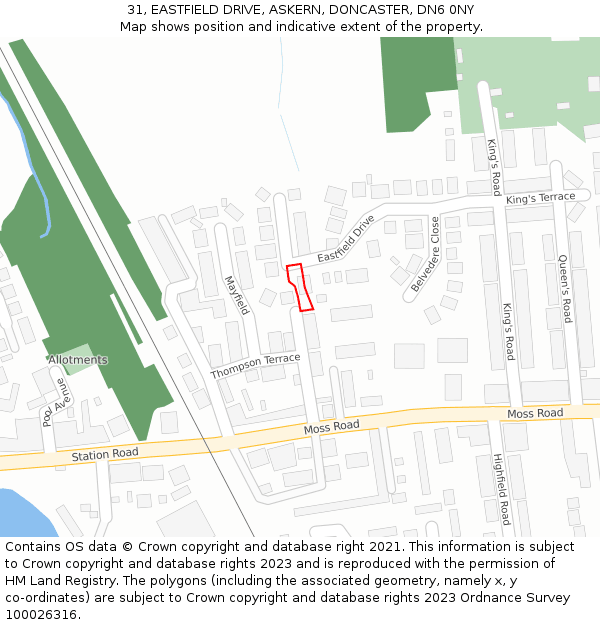 31, EASTFIELD DRIVE, ASKERN, DONCASTER, DN6 0NY: Location map and indicative extent of plot