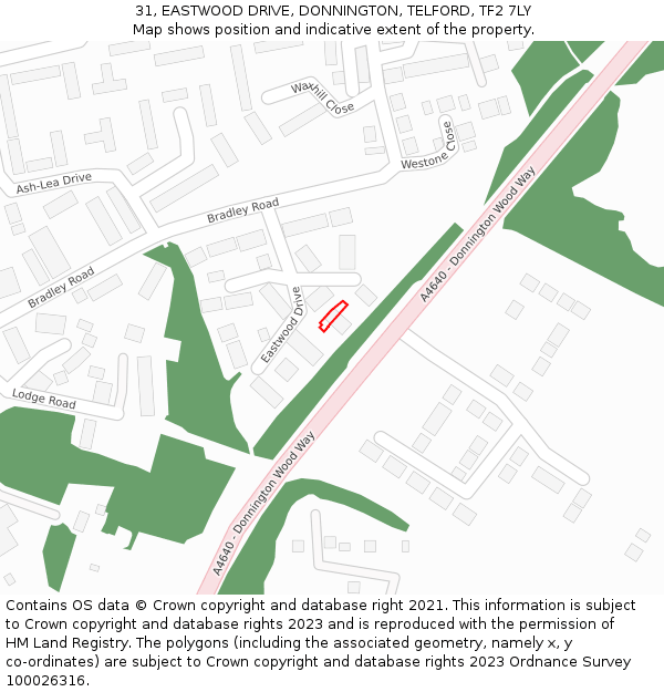 31, EASTWOOD DRIVE, DONNINGTON, TELFORD, TF2 7LY: Location map and indicative extent of plot