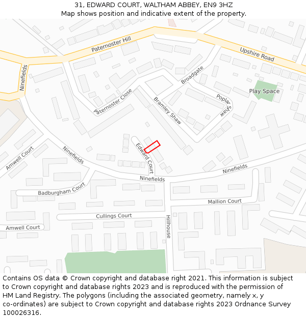 31, EDWARD COURT, WALTHAM ABBEY, EN9 3HZ: Location map and indicative extent of plot