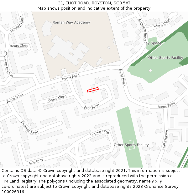31, ELIOT ROAD, ROYSTON, SG8 5AT: Location map and indicative extent of plot