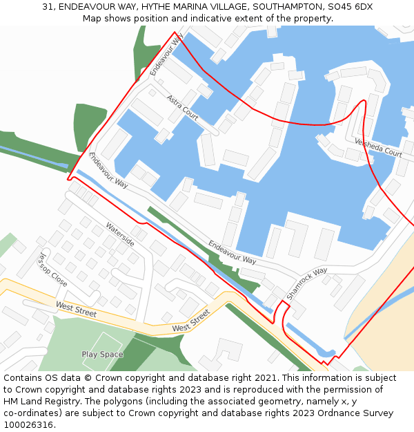 31, ENDEAVOUR WAY, HYTHE MARINA VILLAGE, SOUTHAMPTON, SO45 6DX: Location map and indicative extent of plot