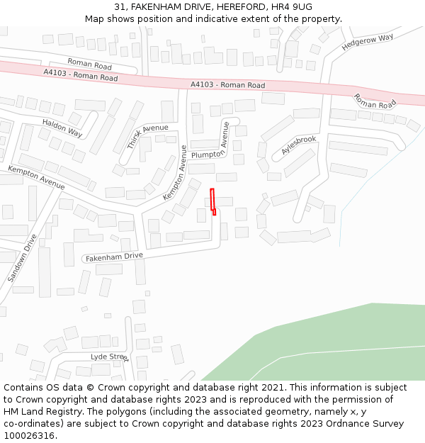 31, FAKENHAM DRIVE, HEREFORD, HR4 9UG: Location map and indicative extent of plot