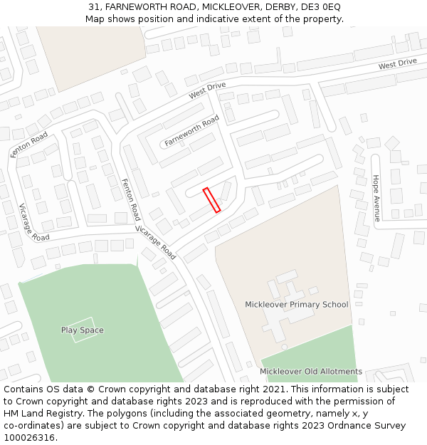 31, FARNEWORTH ROAD, MICKLEOVER, DERBY, DE3 0EQ: Location map and indicative extent of plot