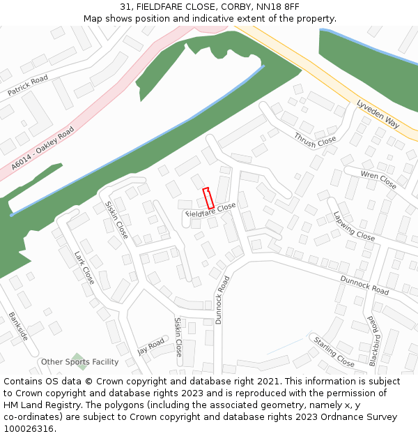 31, FIELDFARE CLOSE, CORBY, NN18 8FF: Location map and indicative extent of plot