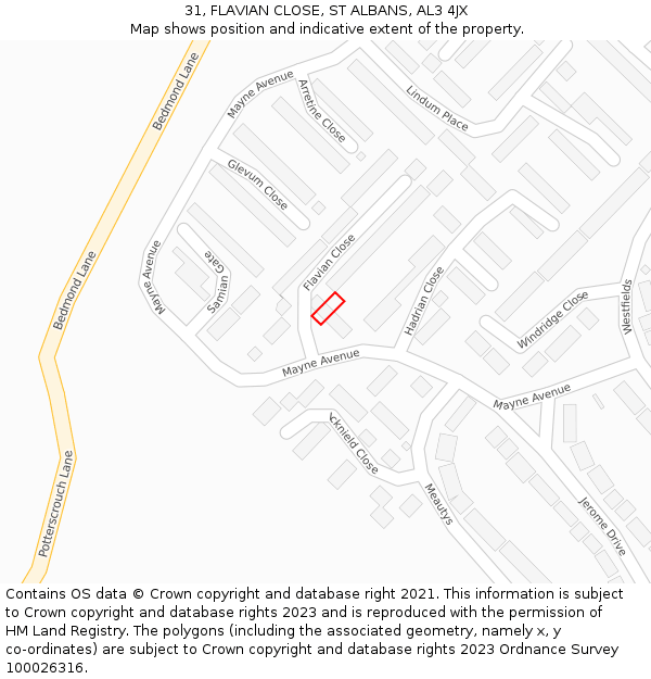 31, FLAVIAN CLOSE, ST ALBANS, AL3 4JX: Location map and indicative extent of plot