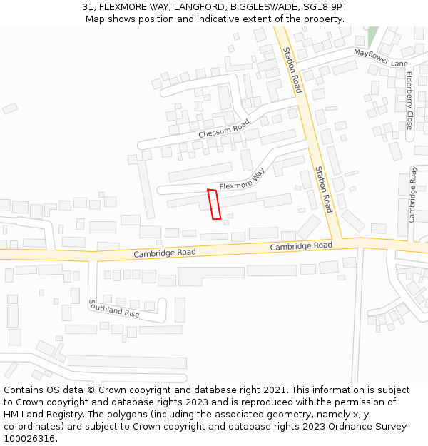 31, FLEXMORE WAY, LANGFORD, BIGGLESWADE, SG18 9PT: Location map and indicative extent of plot