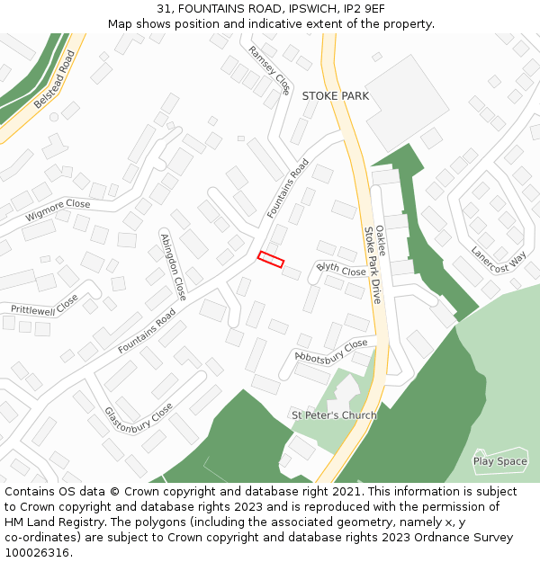 31, FOUNTAINS ROAD, IPSWICH, IP2 9EF: Location map and indicative extent of plot