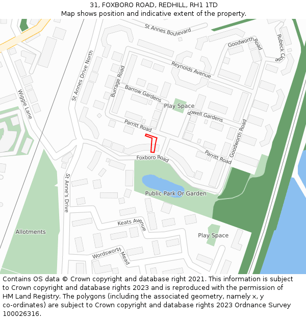 31, FOXBORO ROAD, REDHILL, RH1 1TD: Location map and indicative extent of plot
