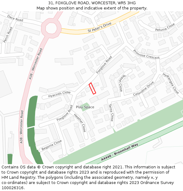 31, FOXGLOVE ROAD, WORCESTER, WR5 3HG: Location map and indicative extent of plot