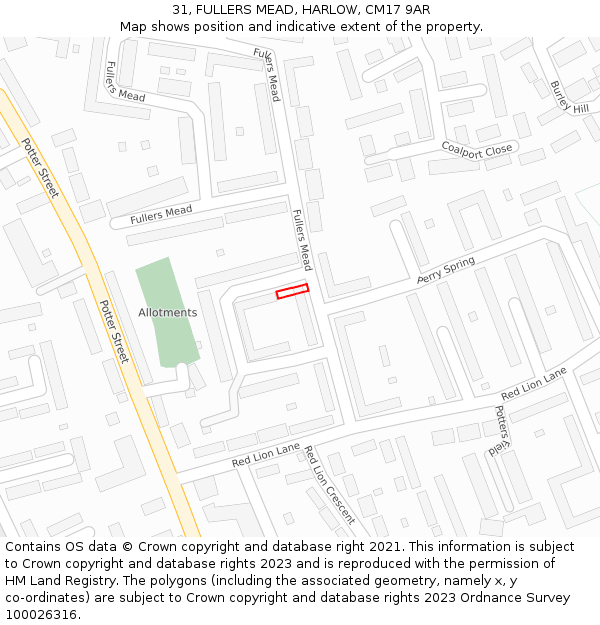 31, FULLERS MEAD, HARLOW, CM17 9AR: Location map and indicative extent of plot