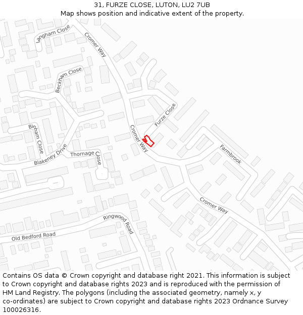 31, FURZE CLOSE, LUTON, LU2 7UB: Location map and indicative extent of plot