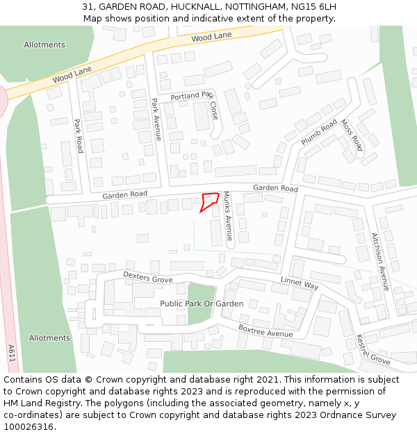 31, GARDEN ROAD, HUCKNALL, NOTTINGHAM, NG15 6LH: Location map and indicative extent of plot