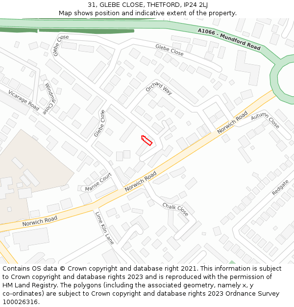 31, GLEBE CLOSE, THETFORD, IP24 2LJ: Location map and indicative extent of plot