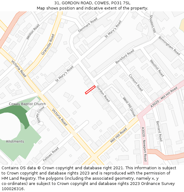 31, GORDON ROAD, COWES, PO31 7SL: Location map and indicative extent of plot
