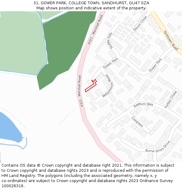 31, GOWER PARK, COLLEGE TOWN, SANDHURST, GU47 0ZA: Location map and indicative extent of plot