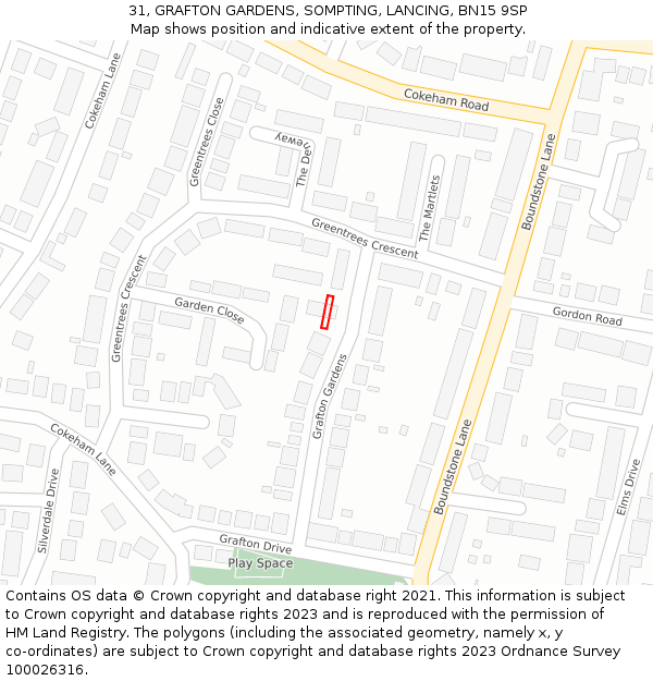 31, GRAFTON GARDENS, SOMPTING, LANCING, BN15 9SP: Location map and indicative extent of plot