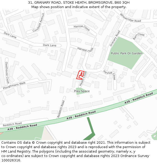 31, GRANARY ROAD, STOKE HEATH, BROMSGROVE, B60 3QH: Location map and indicative extent of plot