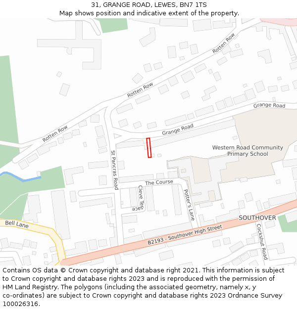 31, GRANGE ROAD, LEWES, BN7 1TS: Location map and indicative extent of plot