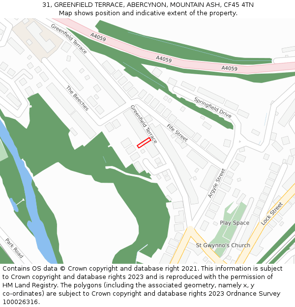 31, GREENFIELD TERRACE, ABERCYNON, MOUNTAIN ASH, CF45 4TN: Location map and indicative extent of plot