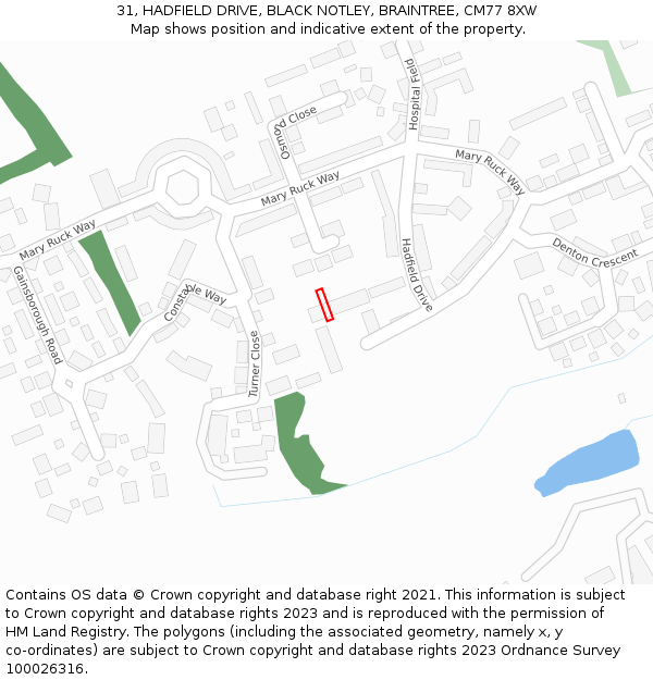 31, HADFIELD DRIVE, BLACK NOTLEY, BRAINTREE, CM77 8XW: Location map and indicative extent of plot