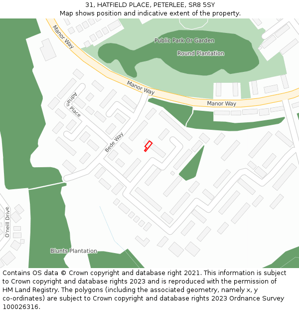 31, HATFIELD PLACE, PETERLEE, SR8 5SY: Location map and indicative extent of plot