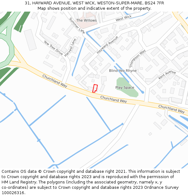 31, HAYWARD AVENUE, WEST WICK, WESTON-SUPER-MARE, BS24 7FR: Location map and indicative extent of plot