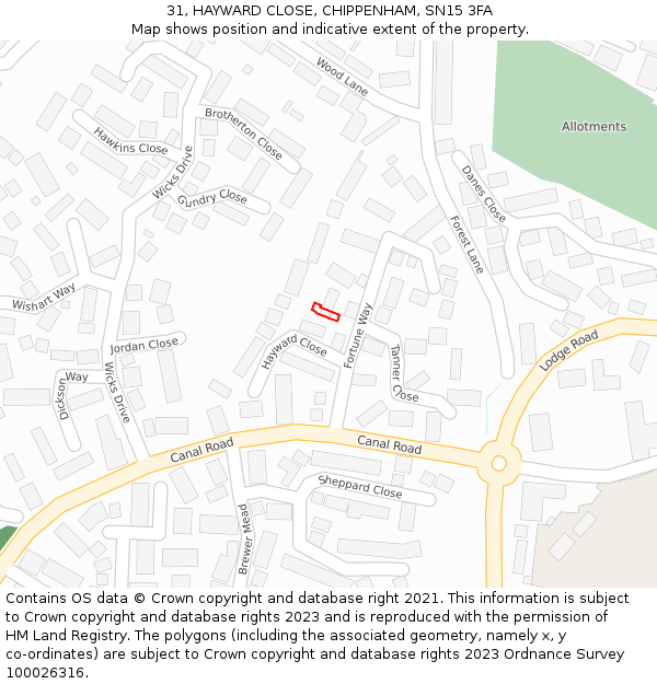 31, HAYWARD CLOSE, CHIPPENHAM, SN15 3FA: Location map and indicative extent of plot