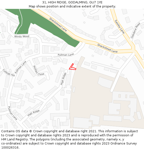 31, HIGH RIDGE, GODALMING, GU7 1YE: Location map and indicative extent of plot