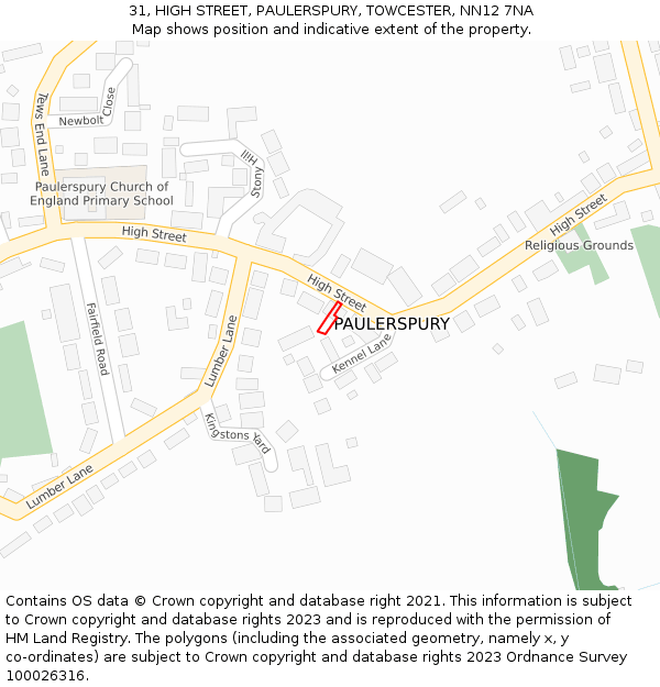 31, HIGH STREET, PAULERSPURY, TOWCESTER, NN12 7NA: Location map and indicative extent of plot