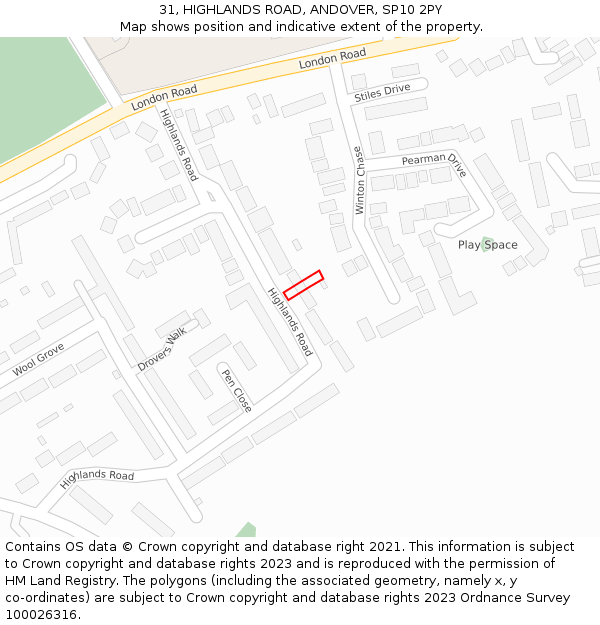 31, HIGHLANDS ROAD, ANDOVER, SP10 2PY: Location map and indicative extent of plot