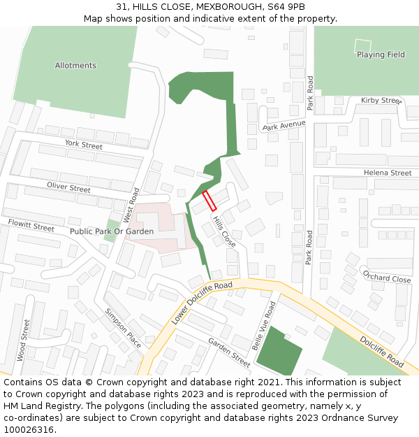 31, HILLS CLOSE, MEXBOROUGH, S64 9PB: Location map and indicative extent of plot