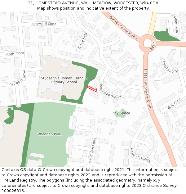 31, HOMESTEAD AVENUE, WALL MEADOW, WORCESTER, WR4 0DA: Location map and indicative extent of plot