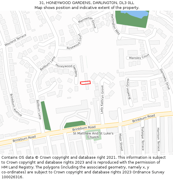31, HONEYWOOD GARDENS, DARLINGTON, DL3 0LL: Location map and indicative extent of plot