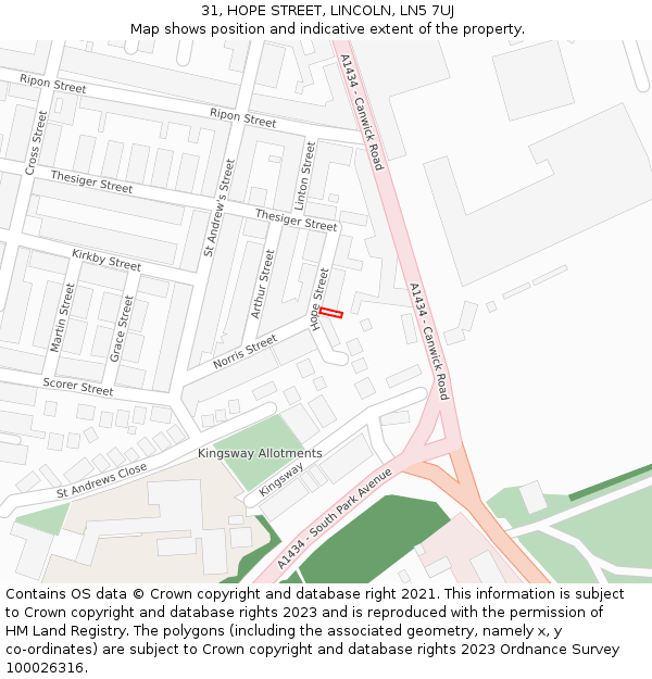 31, HOPE STREET, LINCOLN, LN5 7UJ: Location map and indicative extent of plot