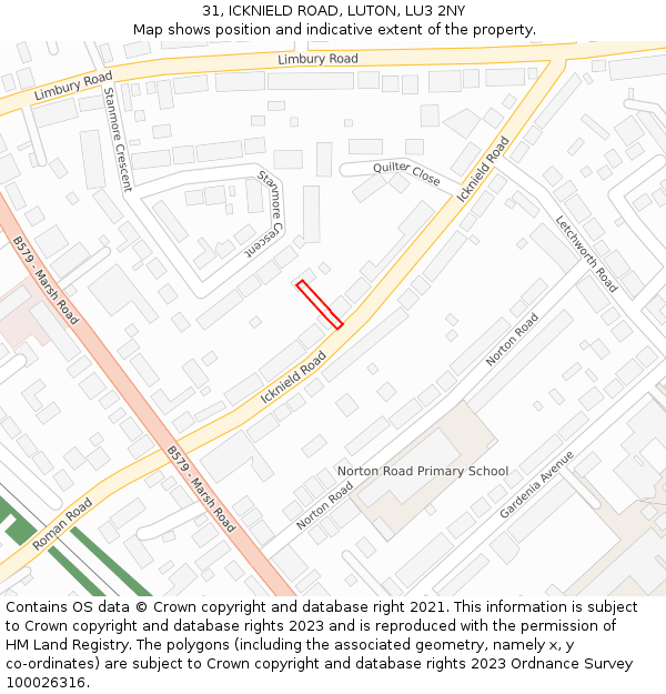 31, ICKNIELD ROAD, LUTON, LU3 2NY: Location map and indicative extent of plot