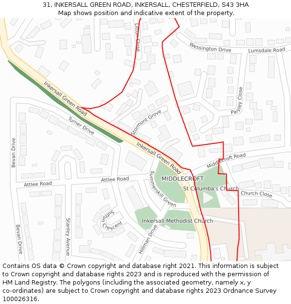 31, INKERSALL GREEN ROAD, INKERSALL, CHESTERFIELD, S43 3HA: Location map and indicative extent of plot
