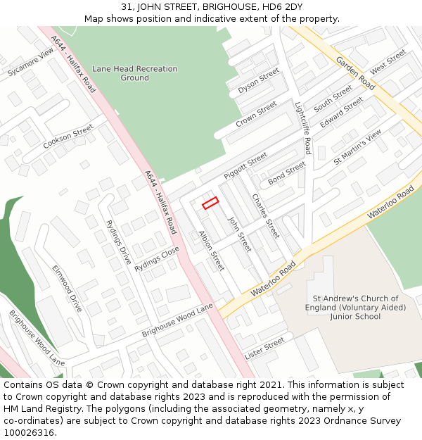 31, JOHN STREET, BRIGHOUSE, HD6 2DY: Location map and indicative extent of plot
