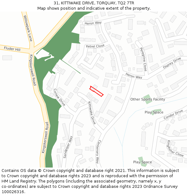 31, KITTIWAKE DRIVE, TORQUAY, TQ2 7TR: Location map and indicative extent of plot