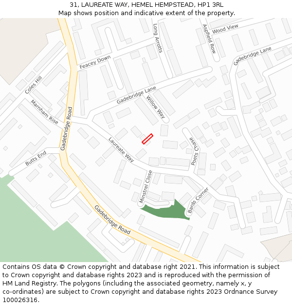 31, LAUREATE WAY, HEMEL HEMPSTEAD, HP1 3RL: Location map and indicative extent of plot