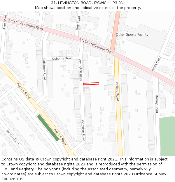 31, LEVINGTON ROAD, IPSWICH, IP3 0NJ: Location map and indicative extent of plot