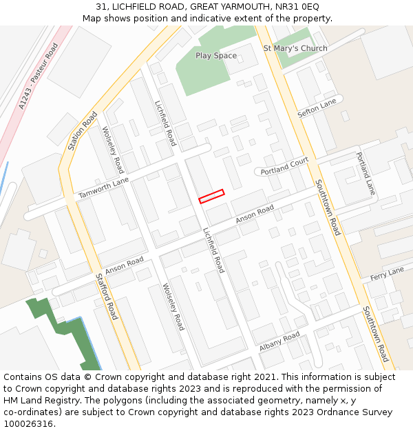 31, LICHFIELD ROAD, GREAT YARMOUTH, NR31 0EQ: Location map and indicative extent of plot