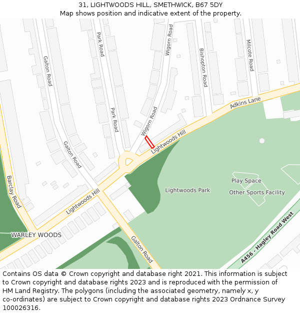 31, LIGHTWOODS HILL, SMETHWICK, B67 5DY: Location map and indicative extent of plot