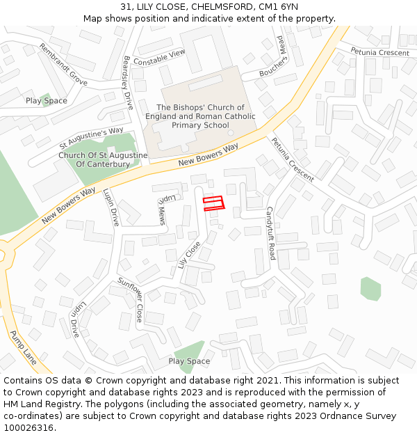 31, LILY CLOSE, CHELMSFORD, CM1 6YN: Location map and indicative extent of plot