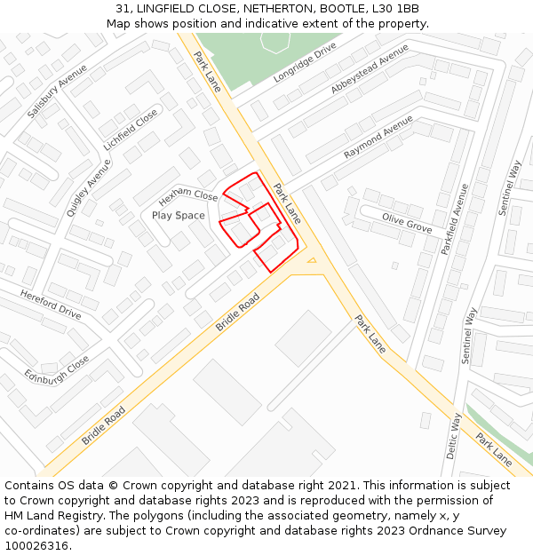 31, LINGFIELD CLOSE, NETHERTON, BOOTLE, L30 1BB: Location map and indicative extent of plot