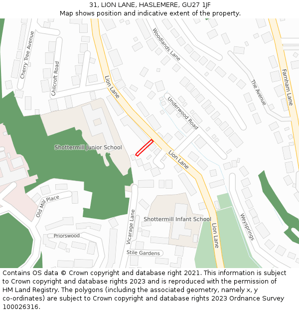31, LION LANE, HASLEMERE, GU27 1JF: Location map and indicative extent of plot