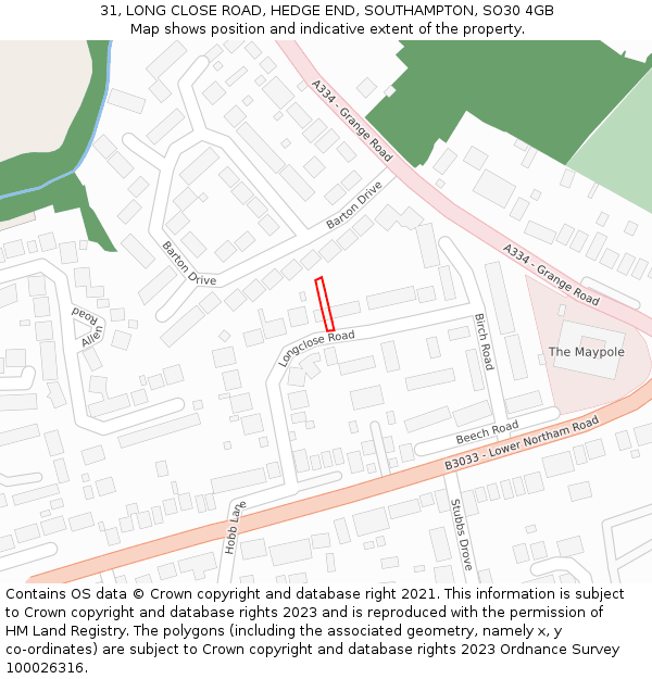 31, LONG CLOSE ROAD, HEDGE END, SOUTHAMPTON, SO30 4GB: Location map and indicative extent of plot