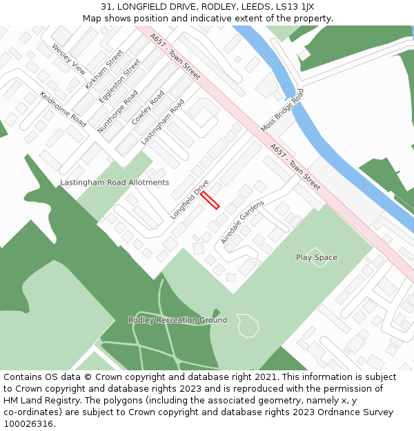 31, LONGFIELD DRIVE, RODLEY, LEEDS, LS13 1JX: Location map and indicative extent of plot