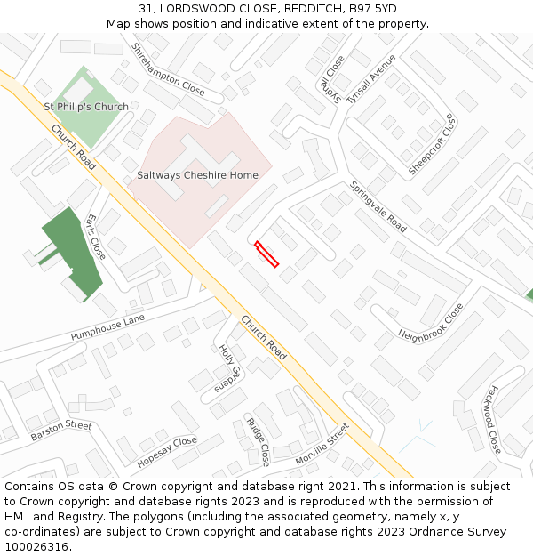 31, LORDSWOOD CLOSE, REDDITCH, B97 5YD: Location map and indicative extent of plot