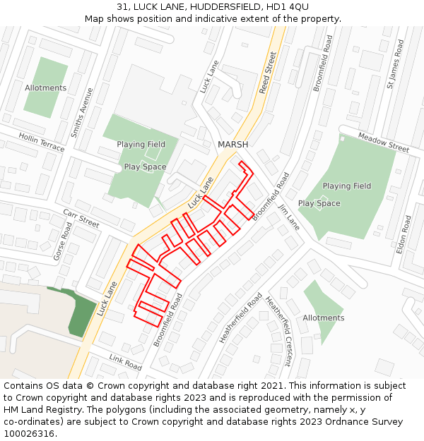 31, LUCK LANE, HUDDERSFIELD, HD1 4QU: Location map and indicative extent of plot